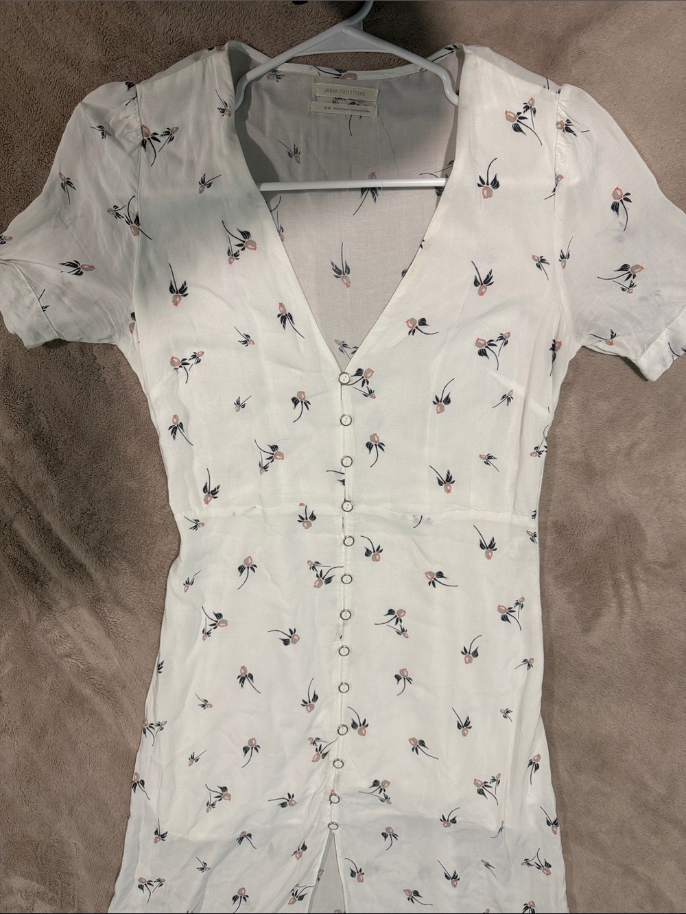 Urban Outfitters White Button-Front Long Dress with Pink Floral Print